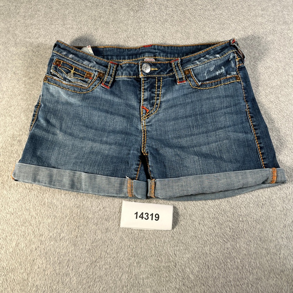 True Religion Brand Jeans Shorts Womens 32 Blue Denim Cotton Distressed Cuffed